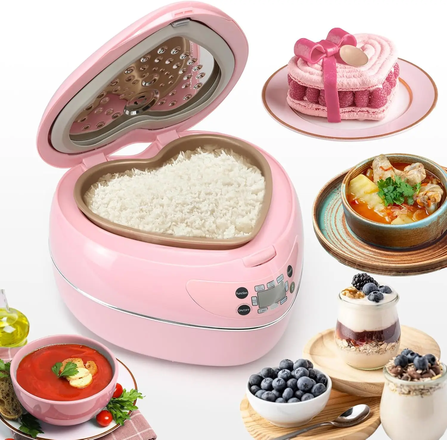 Olla Arrocera en Forma de Corazón, 8 Tazas de Arroz Cocido, Multifuncional, 1.8L, 300W con Temporizador