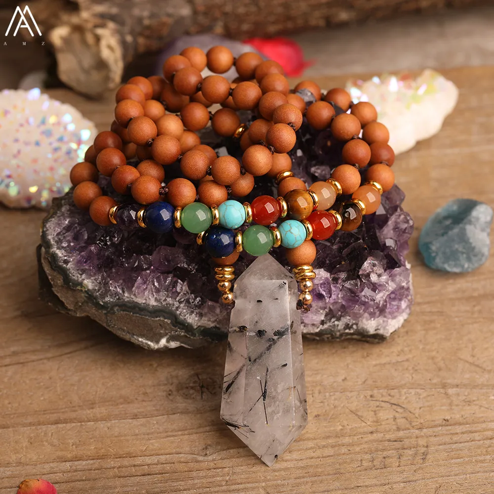 Natürliche Quarz Kristall 7 Chakra Reiki Perlen Handgemachte Halskette Runde Duftenden Sandelholz Perlen Knoten Halskette Schmuck Für Frauen – Detail 2