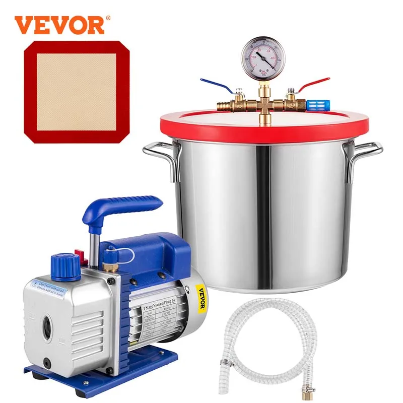 VEVOR Vacuum Chamber Kit 2 gallon/9L Vacuum Chamber Degassing Silicone with 1.8CFM 1/4HP single stage vacuum pump 1720RPM