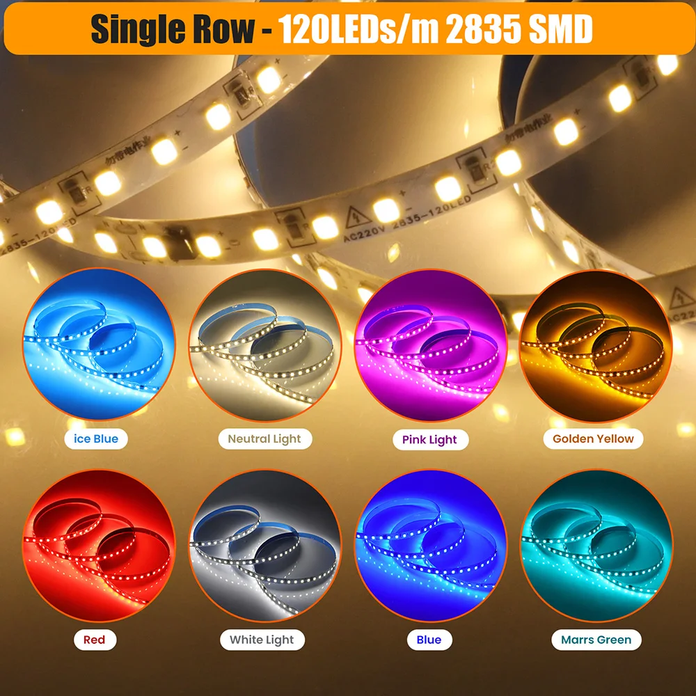 5m 10m 20m 50m Led Strip Light Adhesive Tape AC 220V 230V IP55 2835 120 240 LED Flexible Led Ribbon Stripe Home Lighting 9 Color