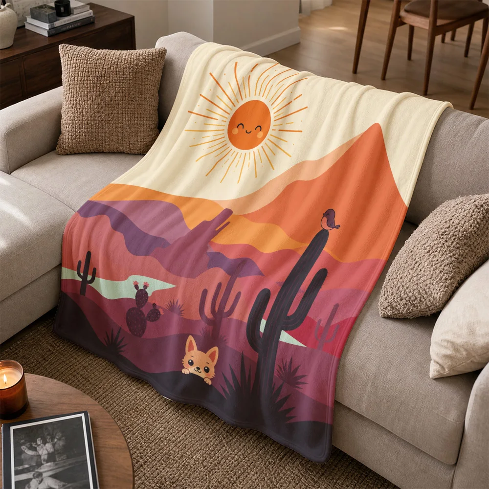 Boho Desert Sunset Throw Blanket Cute Puppy Cactus Aesthetic Fleece Sofa Cozy Throw for Living Room Home Decor Gift