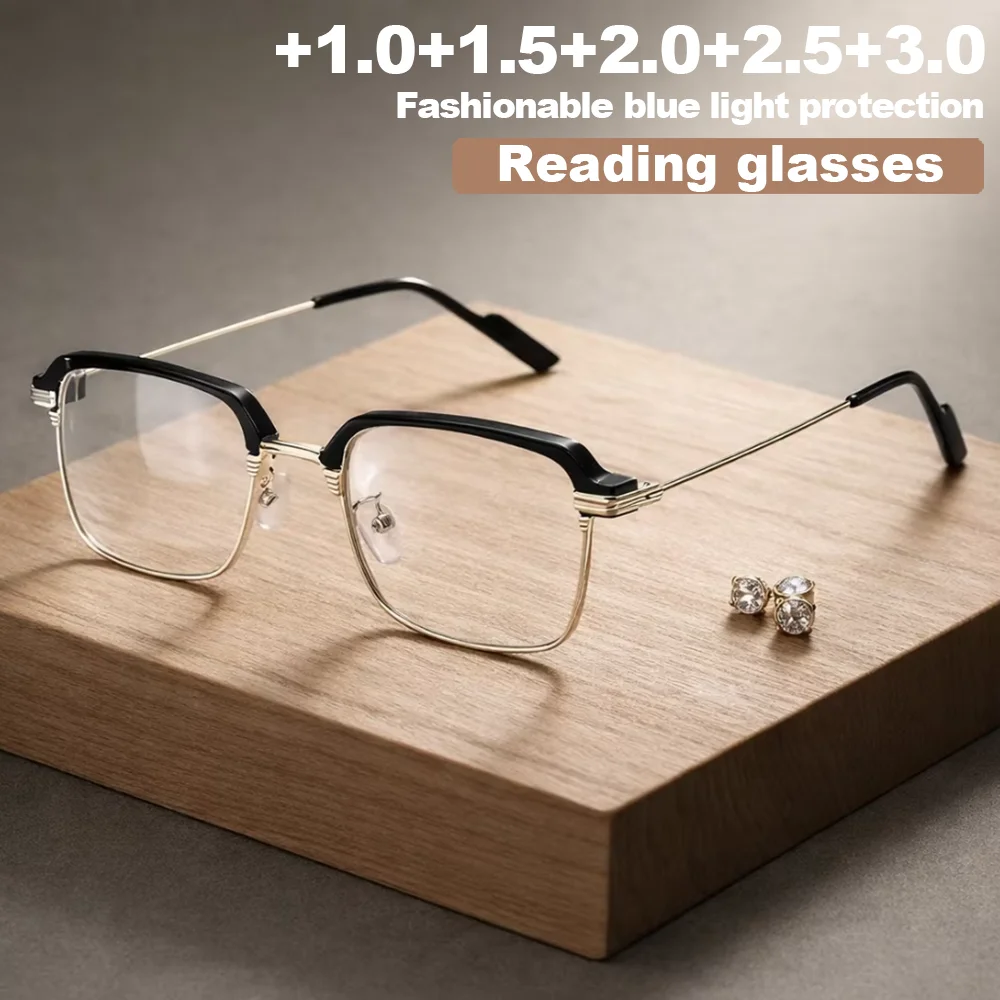 1 Stück Retro Metall Blaulichtfilter Lesebrille Quadratischer Rahmen Photochrome Klassische Klare Gläser für Frauen Männer Täglicher Gebrauch