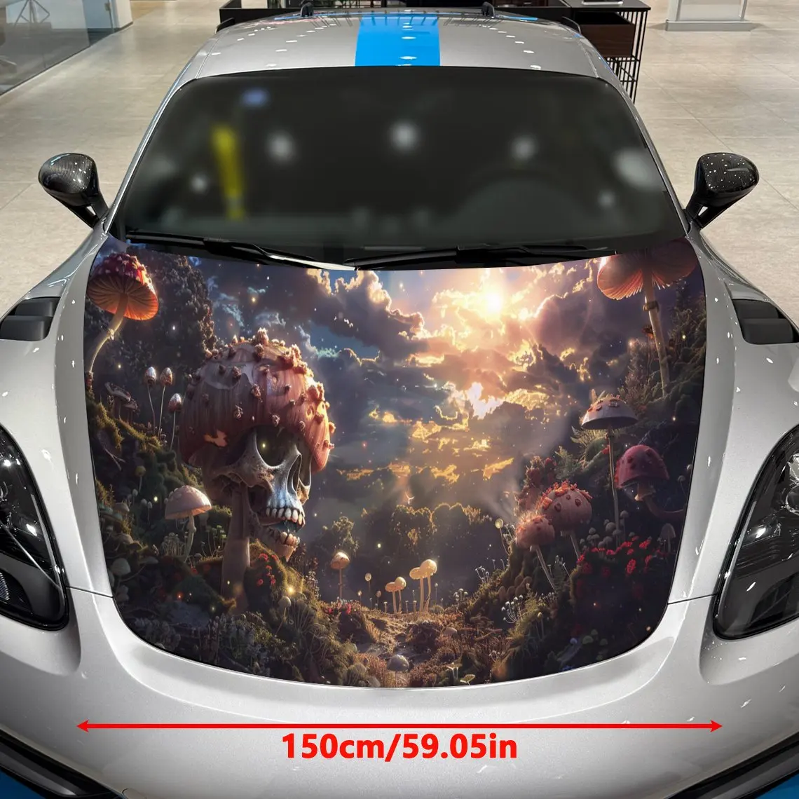 Fantasy Skull Mushroom Car Hood Art, Magical Mushroom Field Car Hood Decoration, Auto Cover Sticker, Waterproof and Self-adhesiv