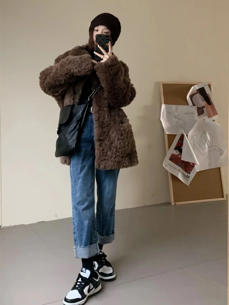 

Lamb Wool Jacket Elegant Woman Distressed Leather Biker Aged Finish Asymmetric Zip Hardware Details Quilted Panel Detail Buckle