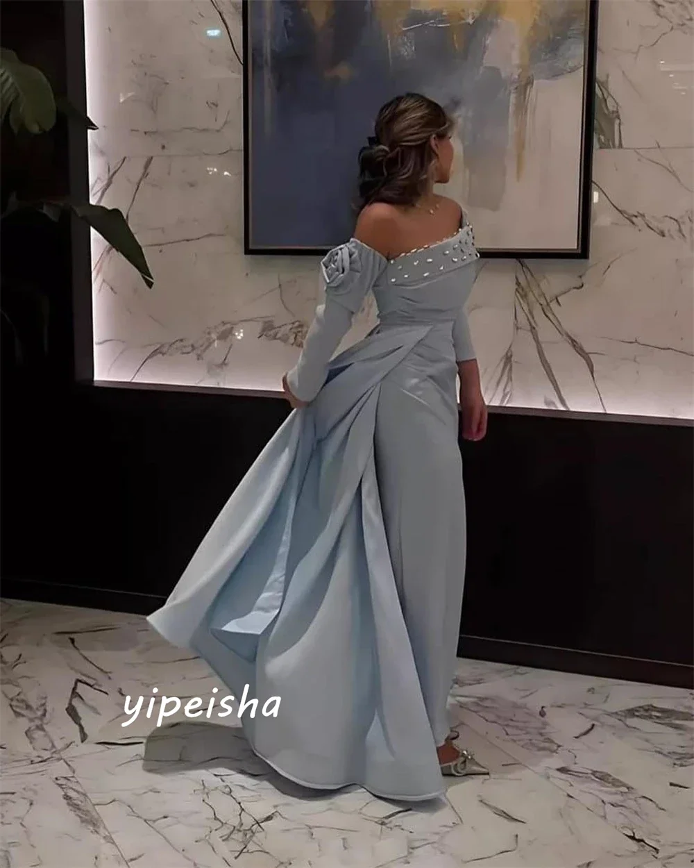 Yipeisha Elegant Customized Off-the-shoulder A-line Beading Flower Floor Length Charmeuse Evening Dresses