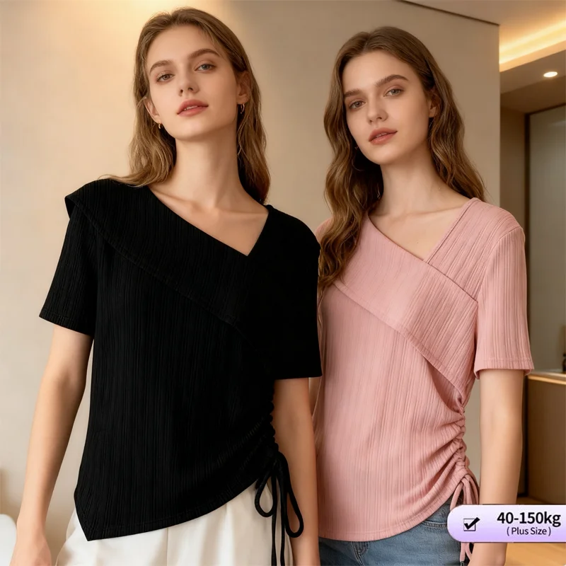 

Женская асимметричная футболка со сборками размера плюс 40-120 кг, топ в рубчик с короткими рукавами, элегантная французская повседневная летняя блузка