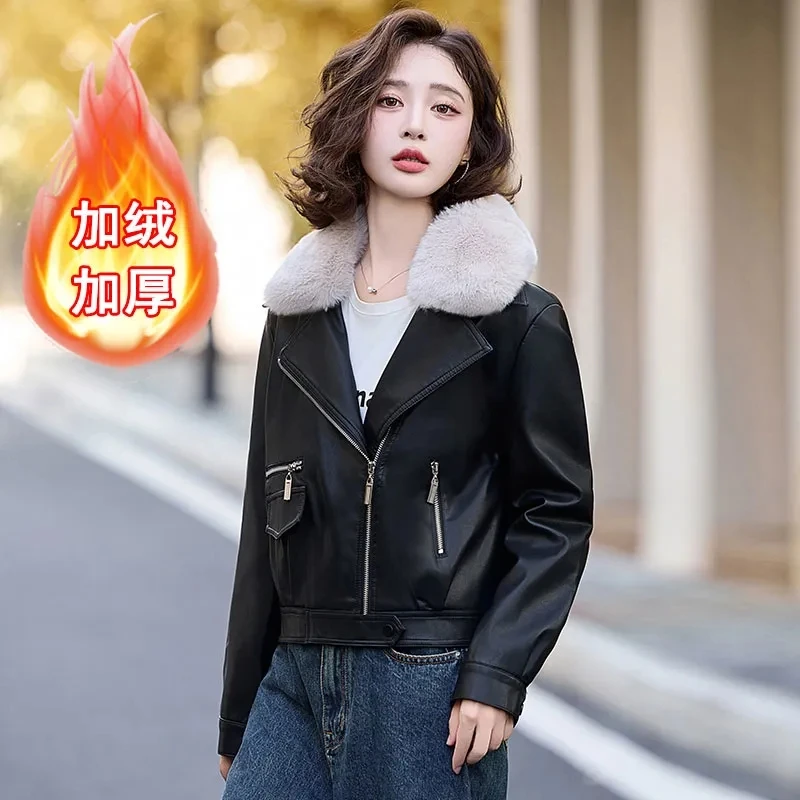 Chaqueta cálida de cordero para mujer, abrigos cortos gruesos para motocicleta, chaquetas de piel sintética con cremallera, prendas de vestir geniales, abrigo para mujer