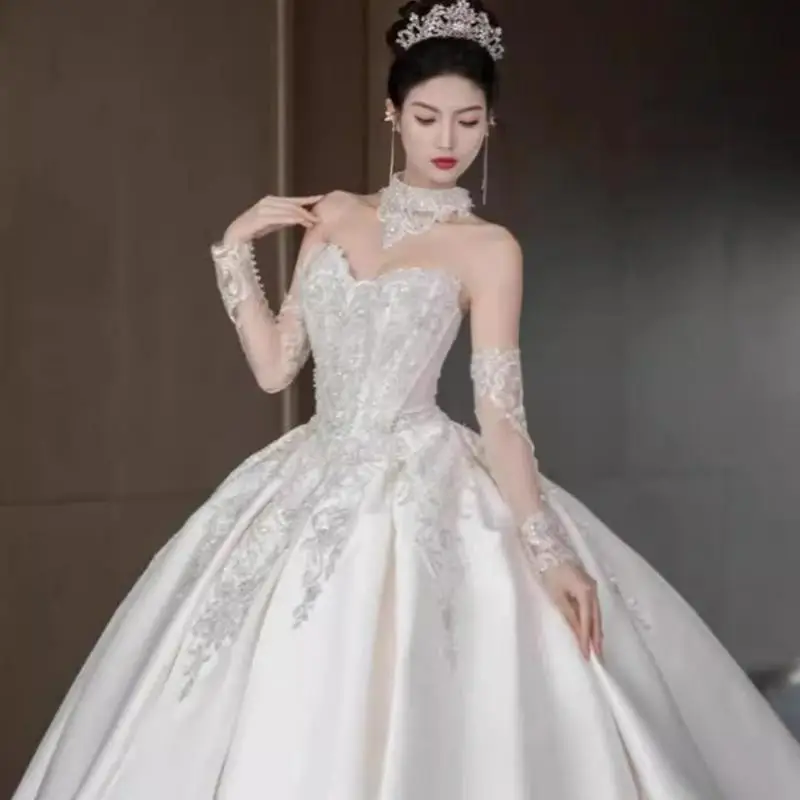 shinny Wedding Dresses 2025 Detachable Sleeves Luxury Strapless Wedding Dress With Brush Train Luxury Ball Gown Customized