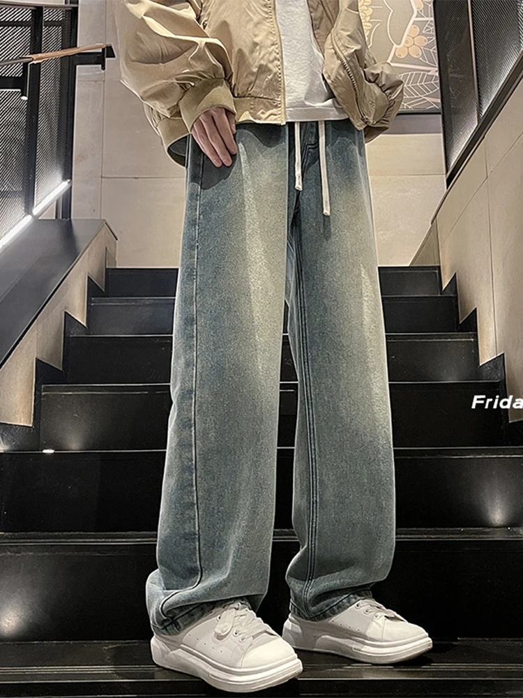 

Синие прямые мужские джинсы, повседневные свободные брюки, модные весенне-осенние хлопковые джинсовые брюки для подростков, бренд LPZ