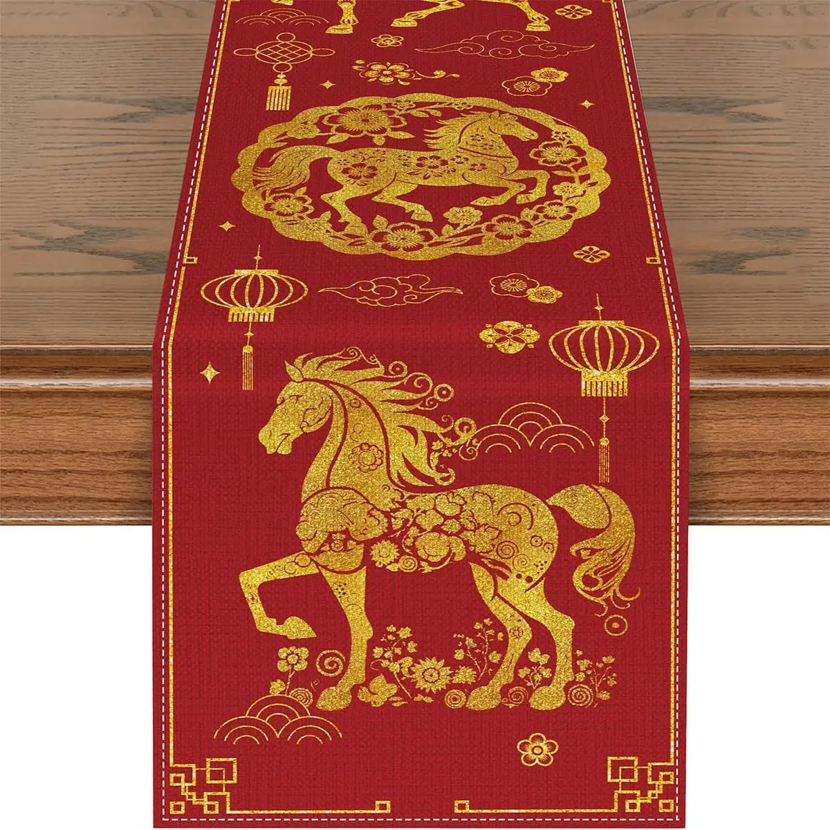 Spring Festival Table Runner with Chinese Zodiac Horse Happy New Year Decoration for Home Party Living Room Dining Table
