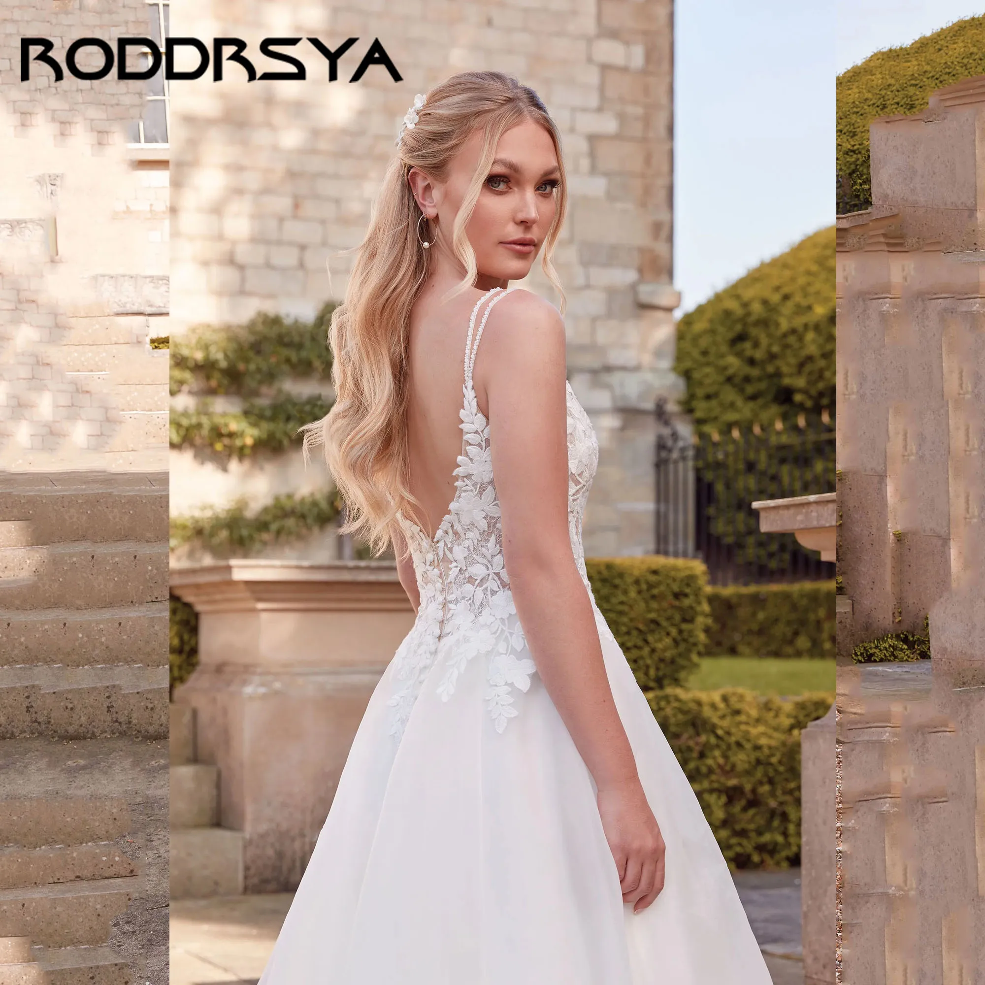 فستان عروس أنيق على شكل حرف a من RODDRSYA برقبة على شكل حرف v وحزام سباغيتي مزين بالخرز فستان زفاف مفتوح على شكل حرف V من الخلف فيستدو دي نوفيا مخصص