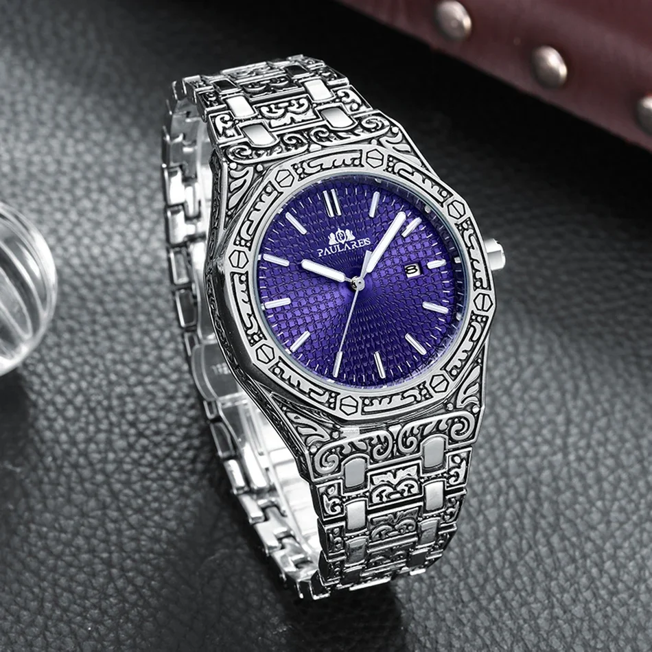 นาฬิกาสุดหรูสําหรับชายแกะสลักโบราณ Vintage Luminous Rose สีเหลืองทองเงิน 2 โทนแฟชั่น Blue Classic