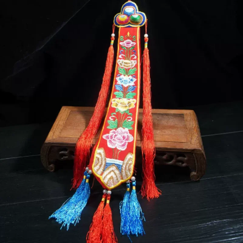 Tibetan Nepalese Embroidered Eight Auspicious Symbols Hand Drum Banner - Buddhist Altar Hanging Flag, Home Buddha Hall Decor - view 2