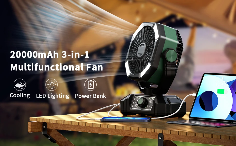 Kühlerventilator, 20000 mAh Akku, Campingventilator, 4 LED-Laterne, 8 Geschwindigkeiten, Schreibtischventilator, tragbarer Außenventilator für Zelt, Stromausfälle, Baustelle – Detail 1