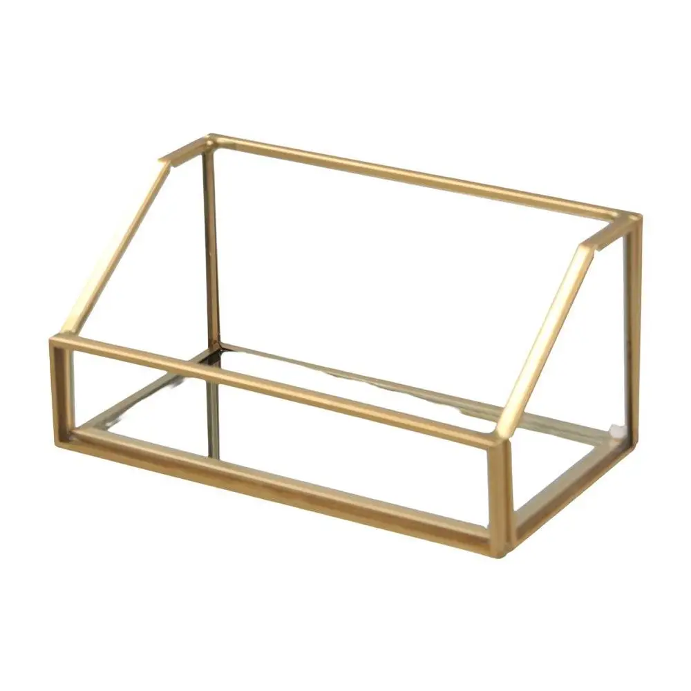 

Metal Glass Business Card Holder Stand Durable Elegant Vintage Clear Golden Edge Holder Professional Business Card Organizer