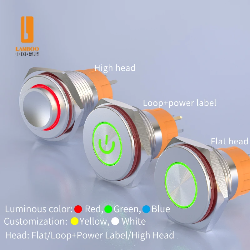 LANBOO 19MM Pin Feet Waterproof Push Button Switch IP68 2NO Ring and Ring Power Symbol For Waterproofing Equipment Ship Supplies