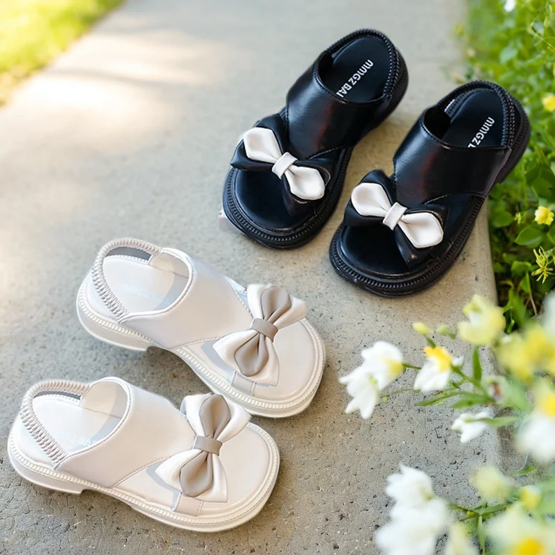 Girls' White Sandals 2025 Summer Students New Black Flat Sandals Children's Fashion Bow Open Toe Princess Elastic Beach Shoes