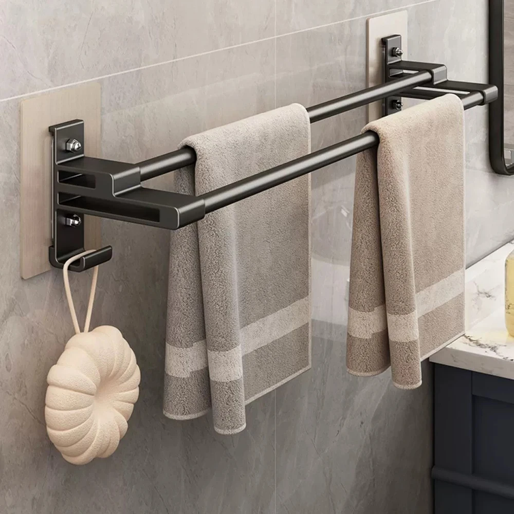 

Space Aluminum Bathroom Towel rack Without Drilling Self-adhesive Double rod Towel Bar Shower Towel Holder Bathroom Organizer