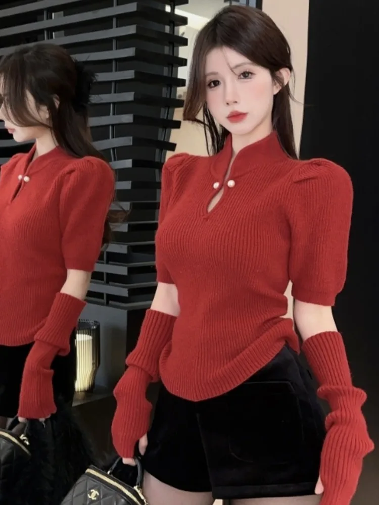 

Red Knitted Sweater Half High Collar Short Sleeve Long Sleeve Women's Small Size New Chinese Style National Trend Removable S...