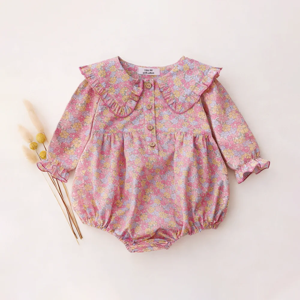 

Комбинезон для новорожденных девочек 2026 года, цельный, из хлопка, розовый, с цветочным принтом, с длинным рукавом, для весны и лета, для фотосессий на день рождения