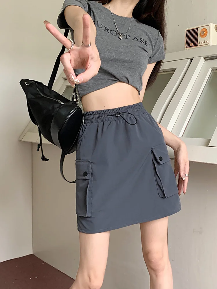 Drunk Sugar 2026 Summer Women's Drawstring Elastic Waist Cargo Skirt High Waist A-Line Mini Skirt Fashion Streetwear
