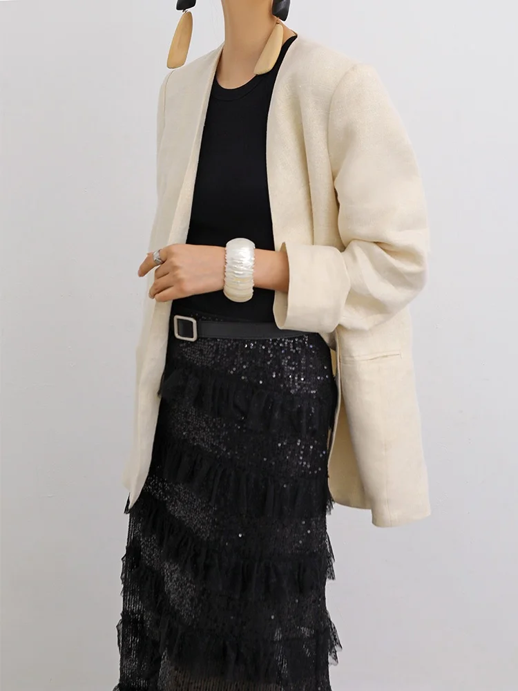 VB Simple Spring Edition Tee-Dimensional Tailoring No Collar Gold Tead Linen Suit Sunscreen No Button oulder Pad Loose...