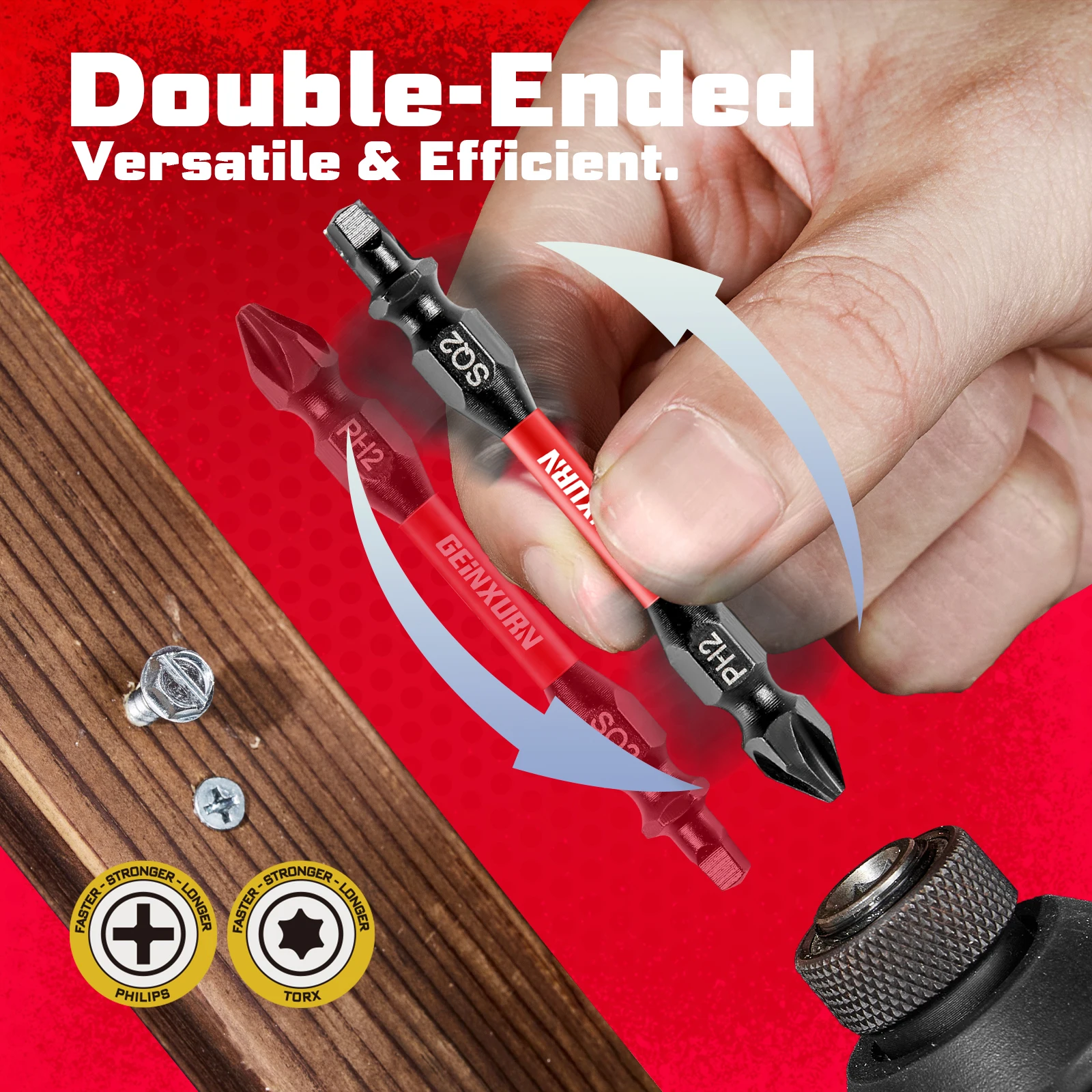 Geinxurn PH2-SQ2 Impact Double End Screwdriver Bit Set,2.56’’ #2 Phillips/#2 Square, Magnetic S2 Steel, 2-sided bits