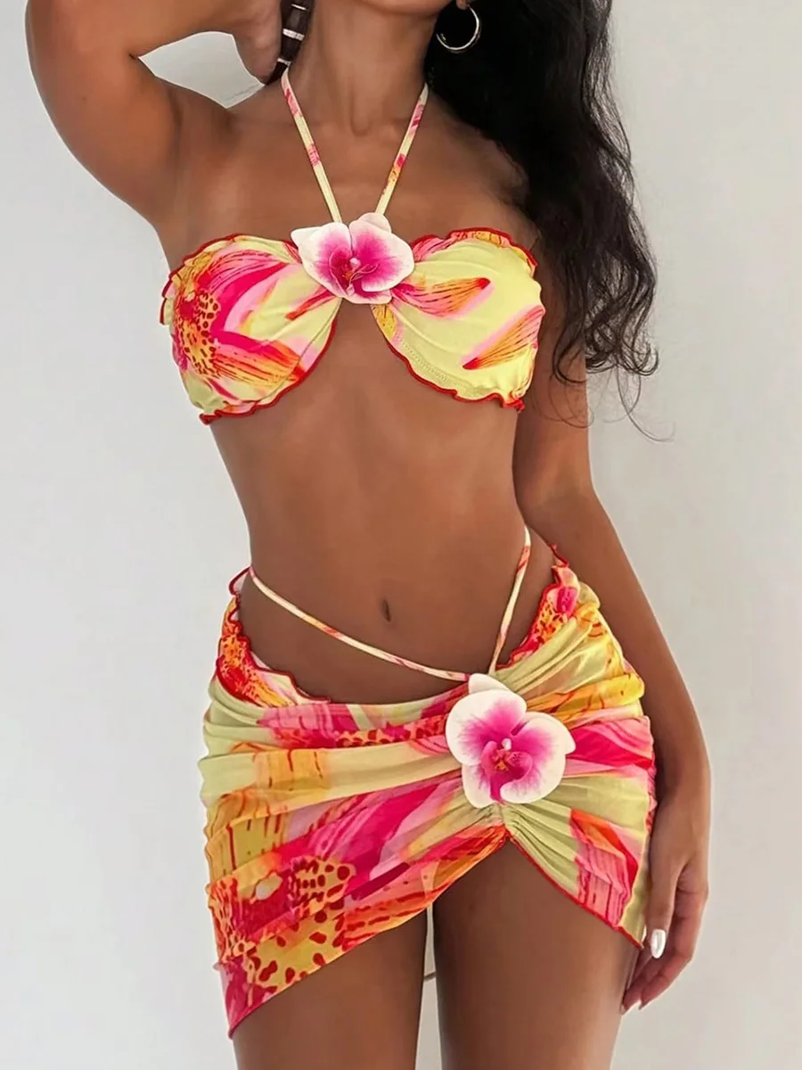 con gonna a rete Fiori 3D Halter Bikini a fascia Costume da bagno femminile Costumi da bagno donna Costume da bagno bikini a tre pezzi Costume da bagno Beachwear