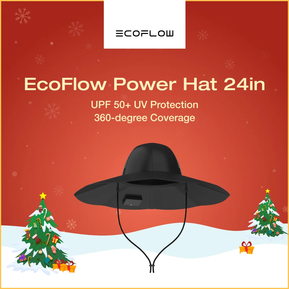 ECOFLOW Power Hat, Solar Charging Bucket Fishing Hat, Dual USB-A/USB-C Ports, SPF 50+ Wide Brim Sun Hats, XLarge 24 in, Black