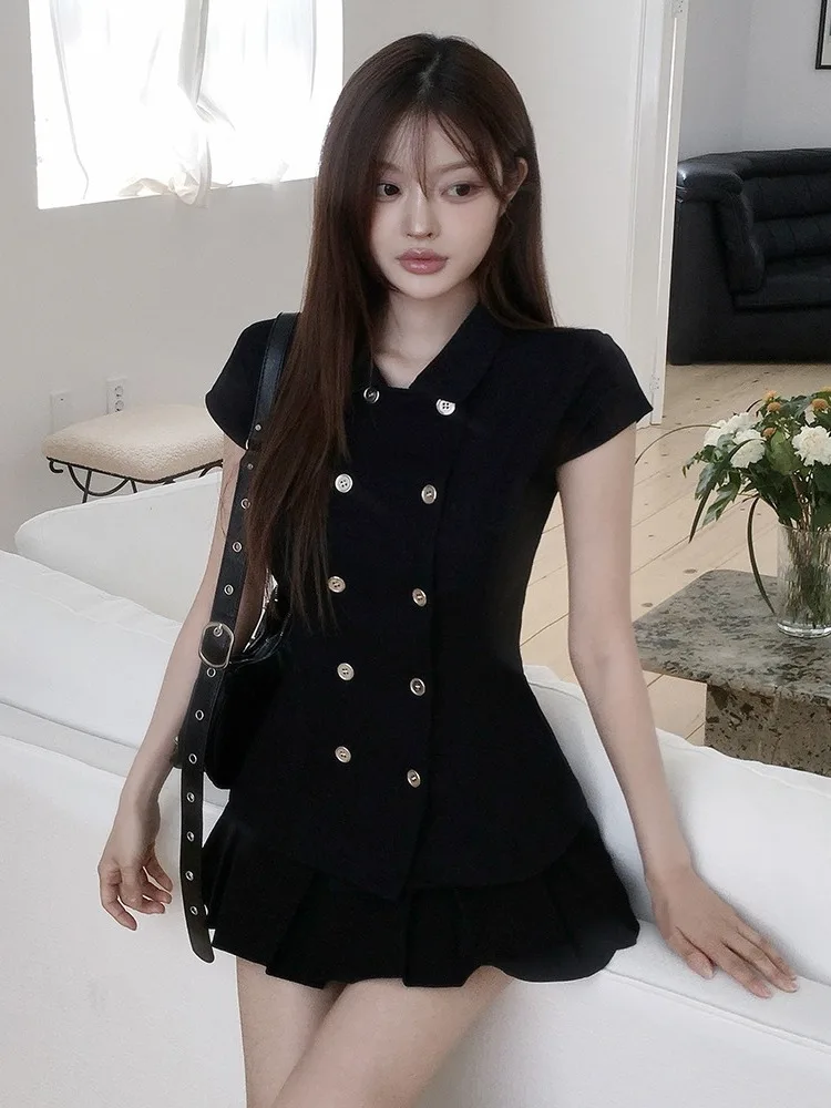 Fashionable Japanese Style Short Sleeve Shirt Jacket Women's Slim Fit Double Button Waist Cinched Lightweight Luxury Feel Top