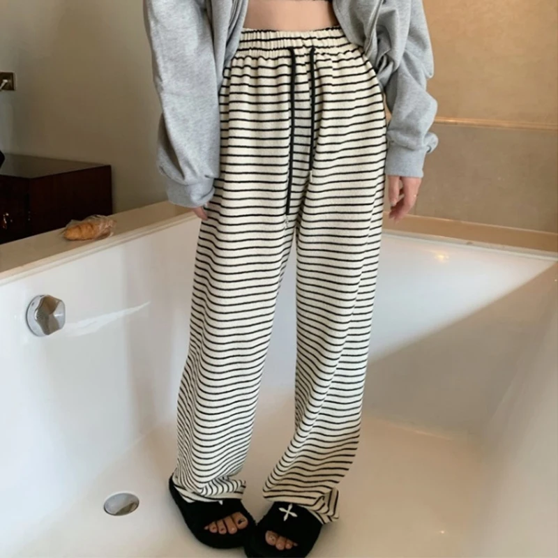 

Summer Fashion Black White Horizontal Stripe Women's Wide-leg Pants Thin High Waist Drawstring Soft Draping Casual Trousers