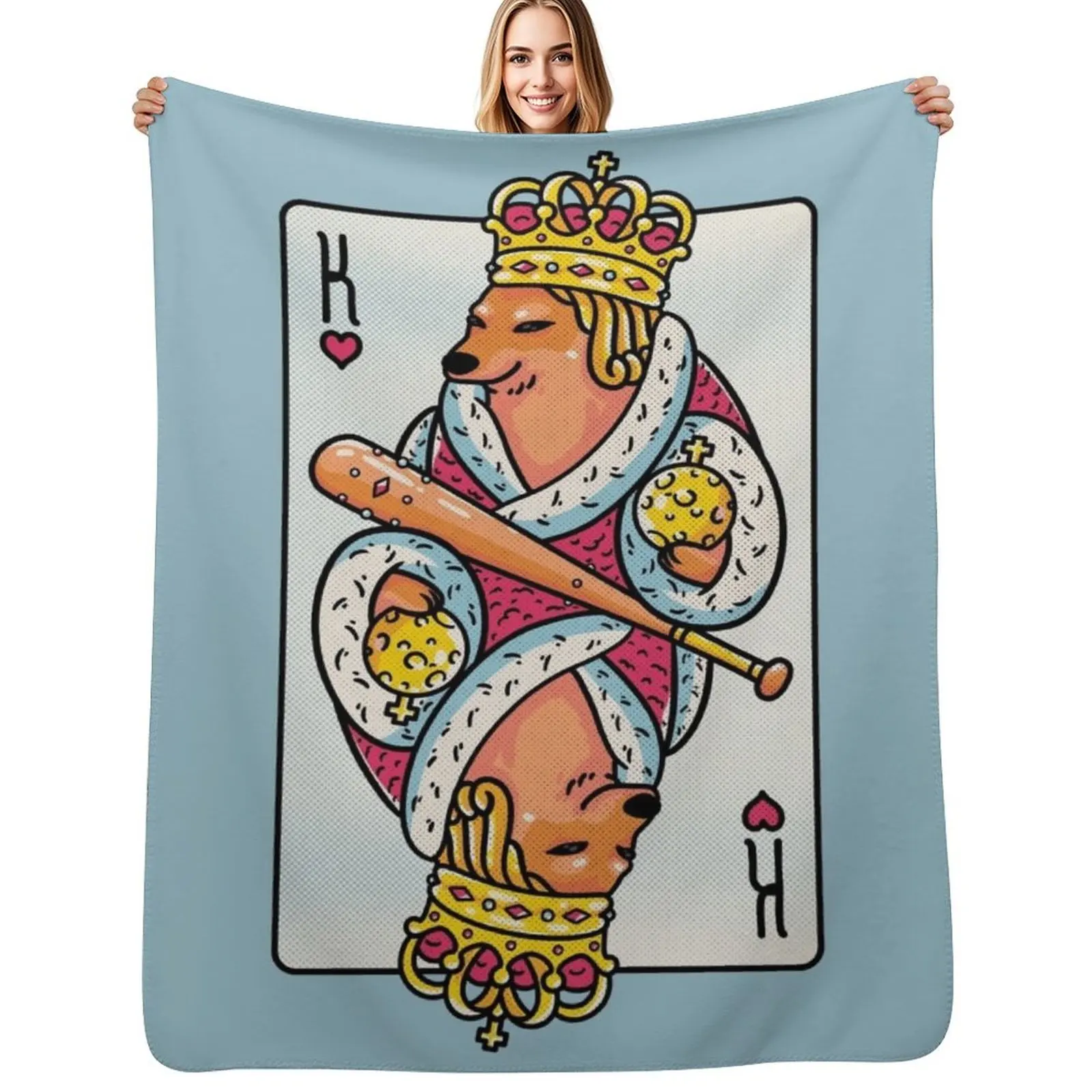 Cheems - The King 2 King of Hearts Playing Card Shibe Shiba Inu Manta de béisbol Cheemzilla peculiar y inusual con diseño de bate de béisbol