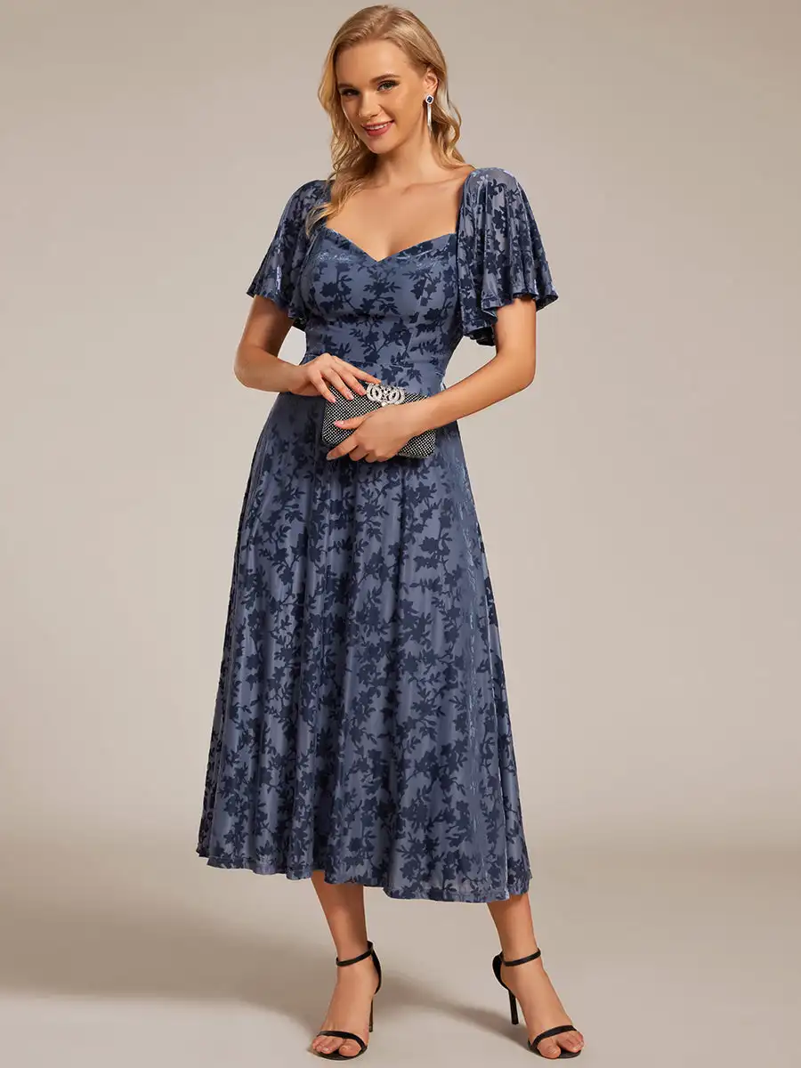 Elegant Evening Dresses Square Neckline Tea length Jacquard Decoration 2025 Ever Pretty of Dusty Navy Wedding Guest Dresses