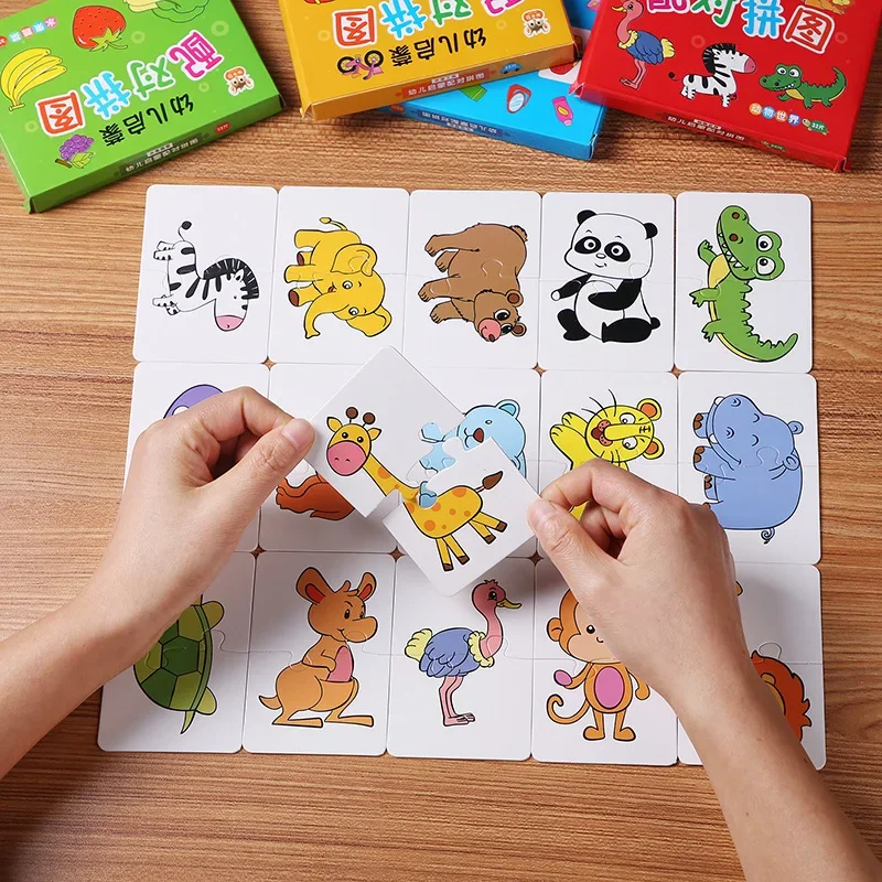 Cartes éducatives Montessori pour tout-petits, cartes assorties, jeux d'apprentissage, jouets pour enfants, puzzle de dessin animé pour bébé, 2 à 4 ans, 32 paquets