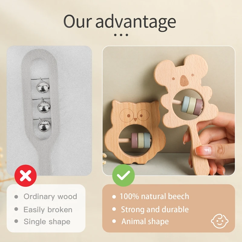 Baby Rattles Cute Wooden Animal Koala Handbells Toy for Kids Baby Newborn Accessories Educational Toys Baby Teether Baby Items