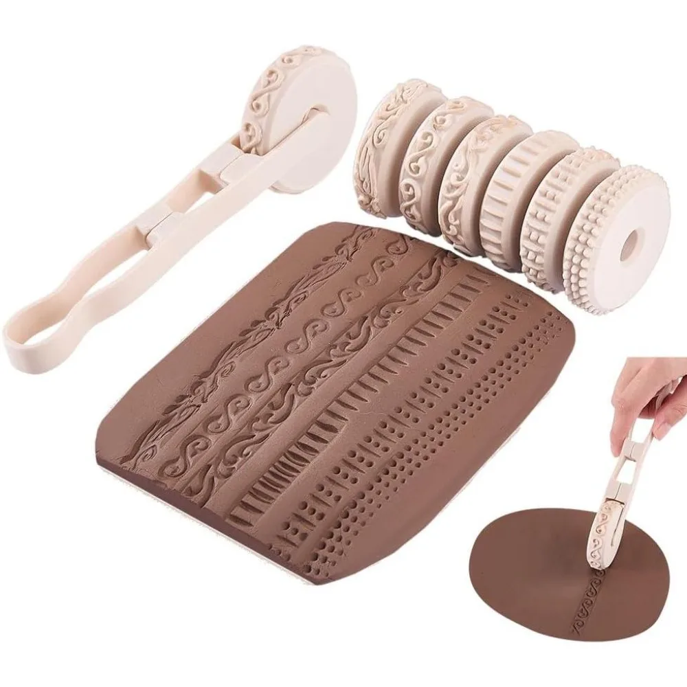 6 Styles Pottery Texture Rollers with Handle 6-Pattern 3D-Printed Clay Texture Roller Set Non-Stick Easy Clean Miniature Texture