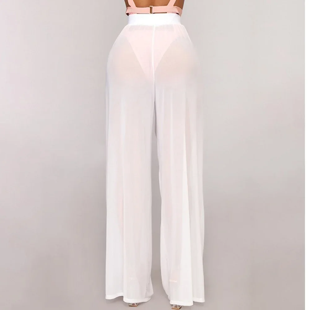 Hose mit hoher Taille, durchsichtig, weich, dynamisch, elastisch, lang, locker, aus Mesh, Polyester, einfarbig, transparent, für den Strand – Detail 11