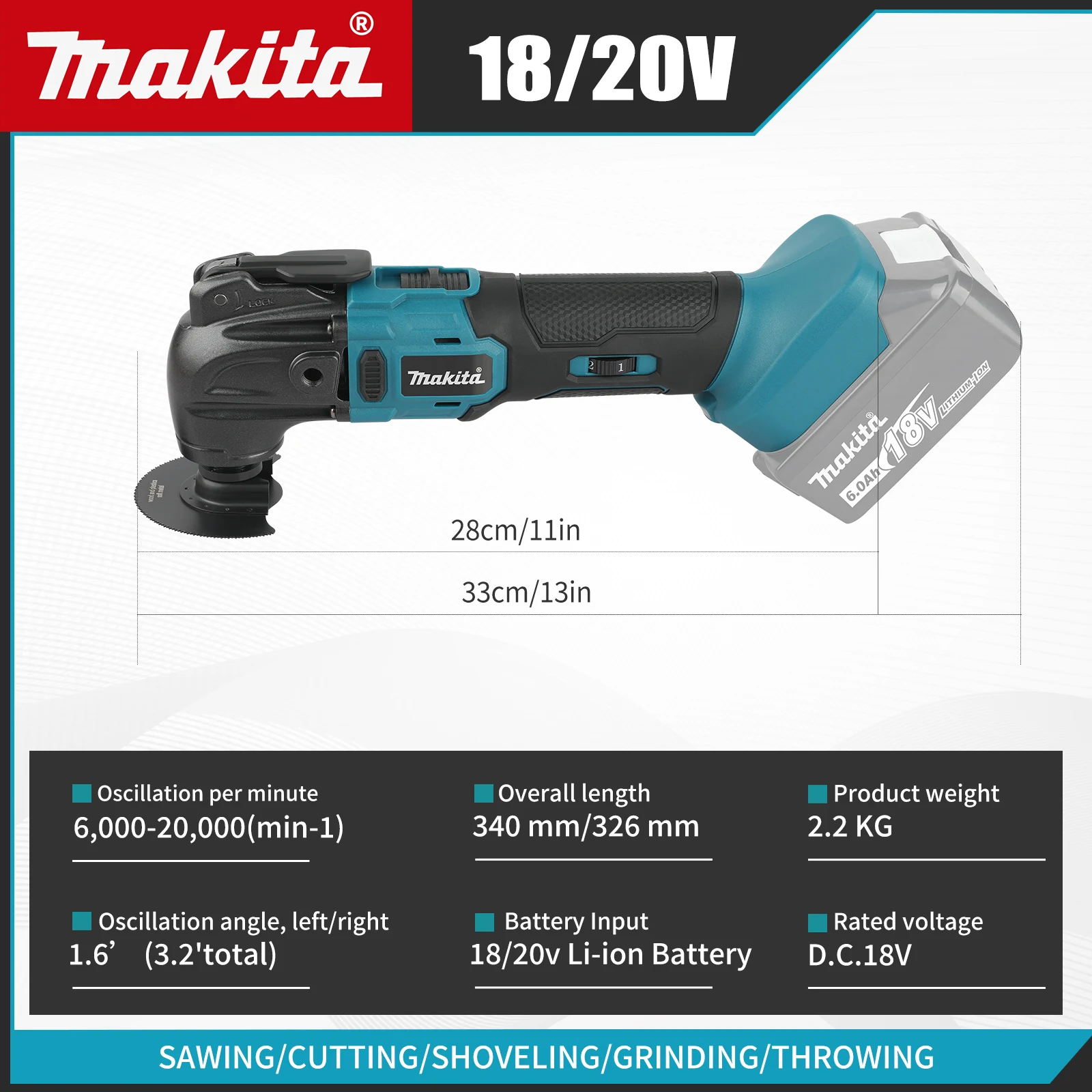 

Резак для обрезки Makita 18 В: 6 передач, литий-ионный аккумулятор 18/20 В, длина 340–326 мм, многоцелевой для распиловки, резки, измельчения