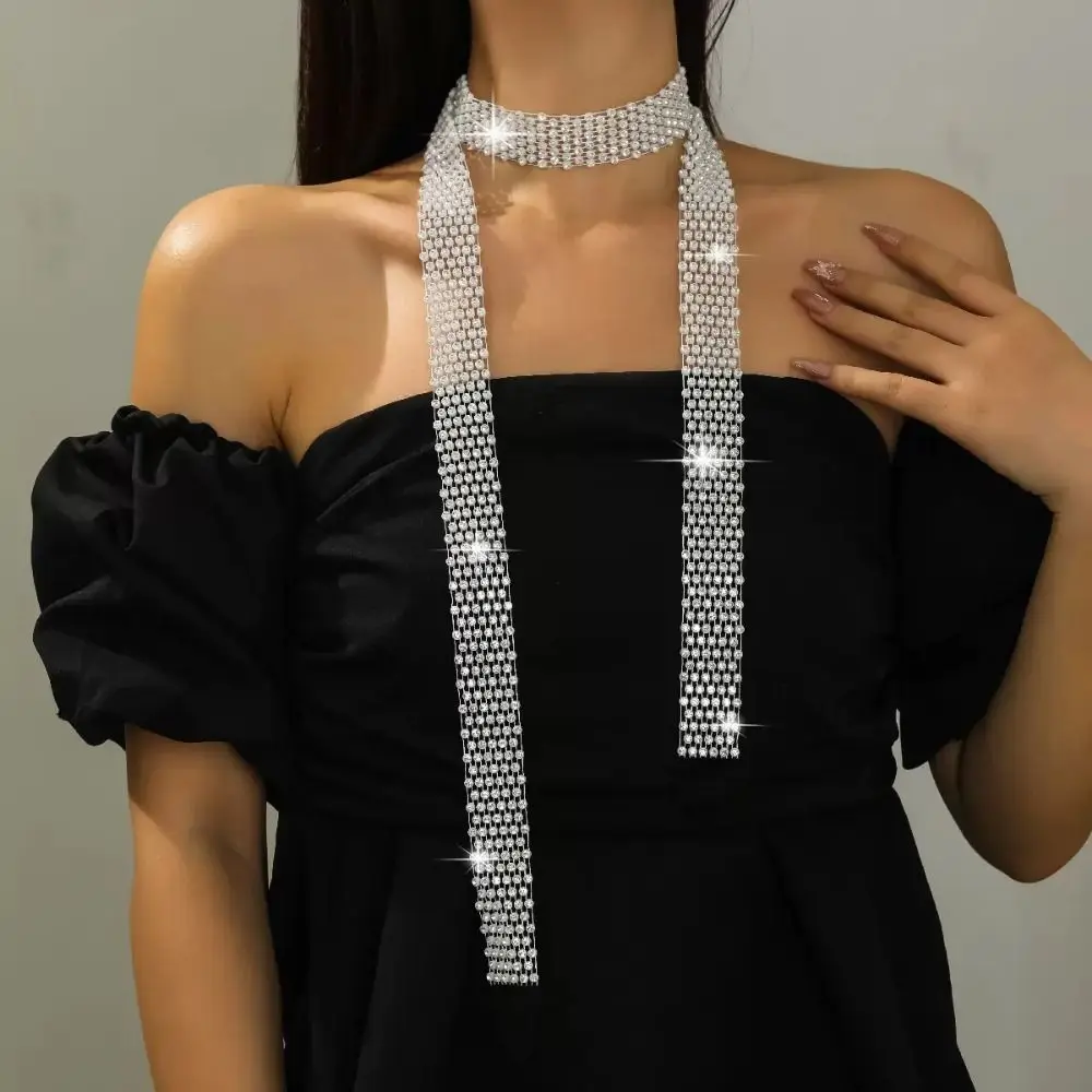 

Элегантный длинный блестящий шарф длиной 1,3 м, шейный платок, сверкающее роскошное колье-колье, ожерелье, блестящий галстук со стразами, женская мода