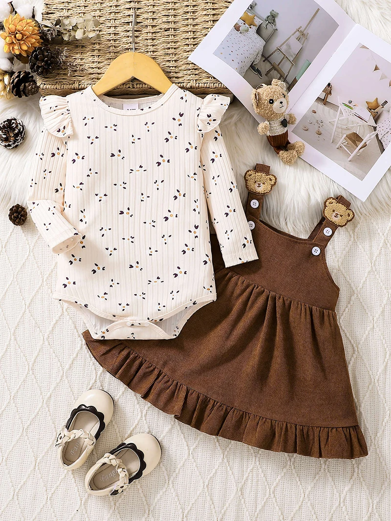 

2Pcs Floral Bodysuit and Strap Dress Set for Baby Girls Spring Autumn Infants One Piece Clothing 0-2Y Toddler Outfit