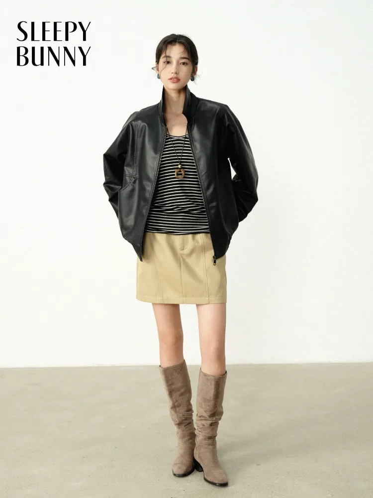

Black PU Leather Jacket Trendy Cool Vintage Coat Loose Fit Autumn Outerwear with Retro Design for Women Stylish Streetwear