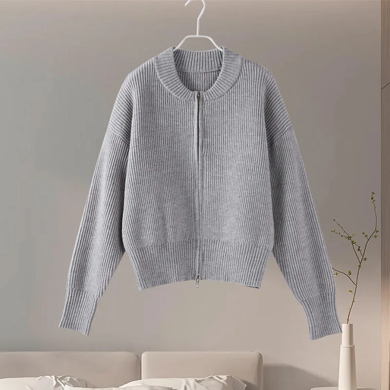 Vintage Knit Zipper Cardigan For Women Solid Loose O Neck Long Sleeve Sweater Top Female Fall Winter All-matching Knitwear