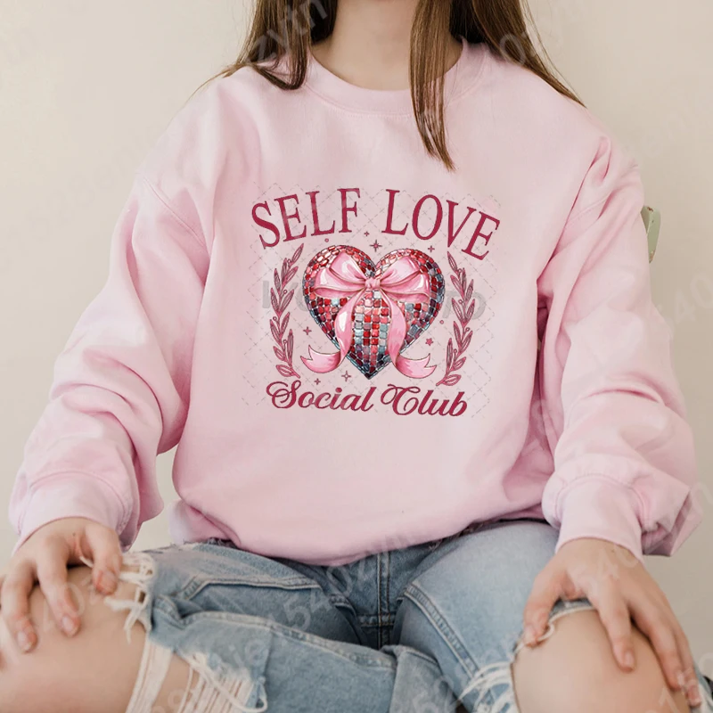 Women Fall & Winter Long Sleeve Hoodless Pullovers Valentine's Day Bow Heart Self Love Social Club Graphic Round Neck Sweatshirt