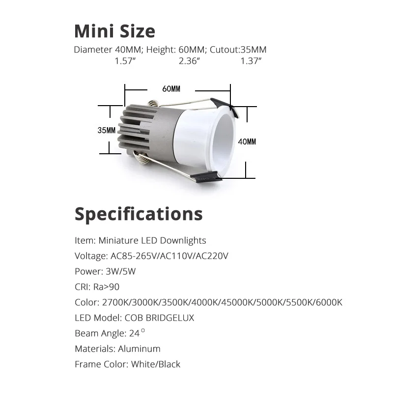 Mini Deep Anti Glare LED Spot Downlights COB 3W 5W Cutout 35mm Recessed Dimmable 3W 5W CRI90 Ceiling Spot Bulbs Background Lamps