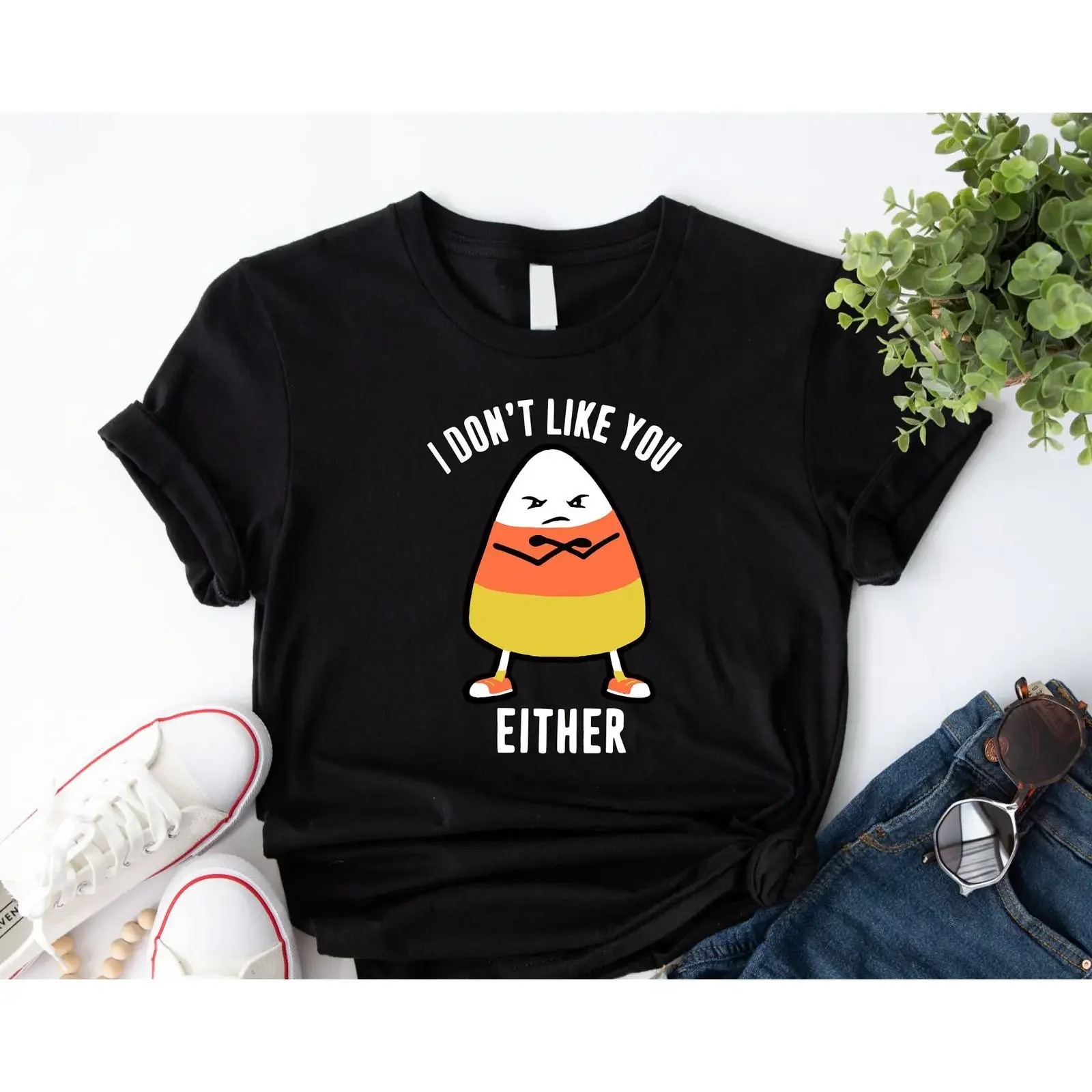I Don't Like You Either Funny Angry Candy Corn T Shirt Cute Halloween Themed  for Party vintage Washed fashion Casual