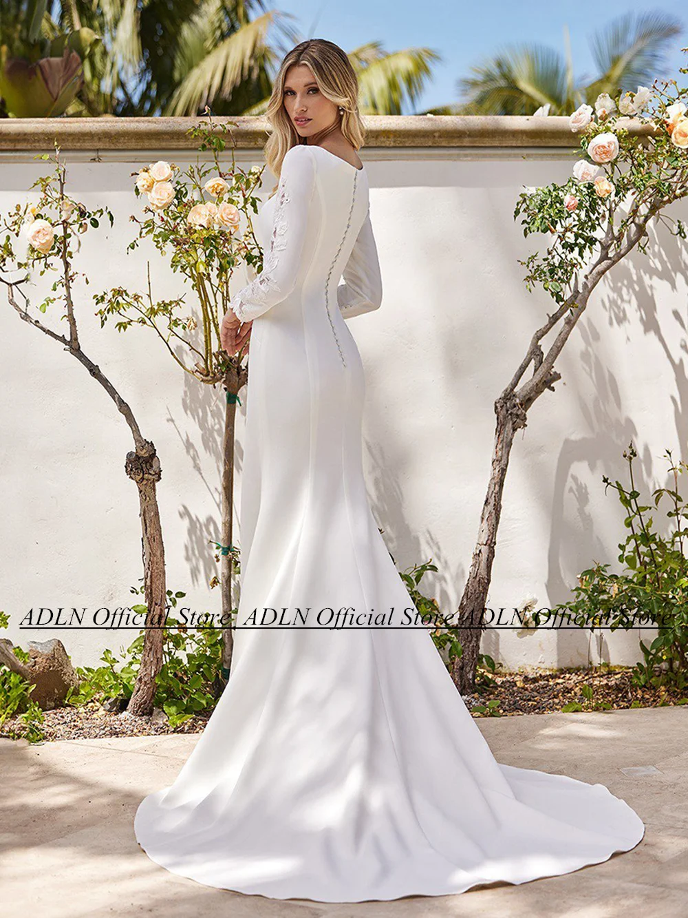 ADLN Woman Wedding Dress Scoop Neck Long Lace Sleeves Back Zipper with Buttons Sweep Train Mermaid Bridal Gown for Brides