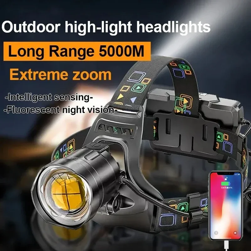 USB Rechargeable XHP90 LED Headlamp Zoomable Headlight Long Range Outdoor Fishing Head Flashlight 18650 Output Camping Lights