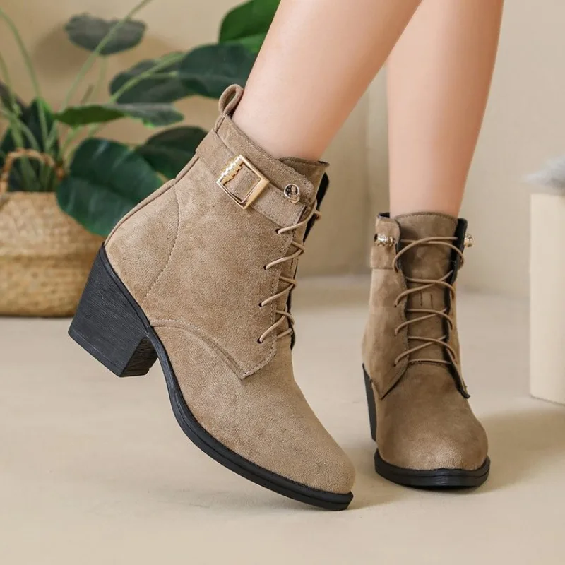 Spring Autumn Round Toe Block Heel Women's Ankle Boots 2026 Fashion Solid Lace Up Buckle Strap Casual Daily Mid Heel Women Shoes