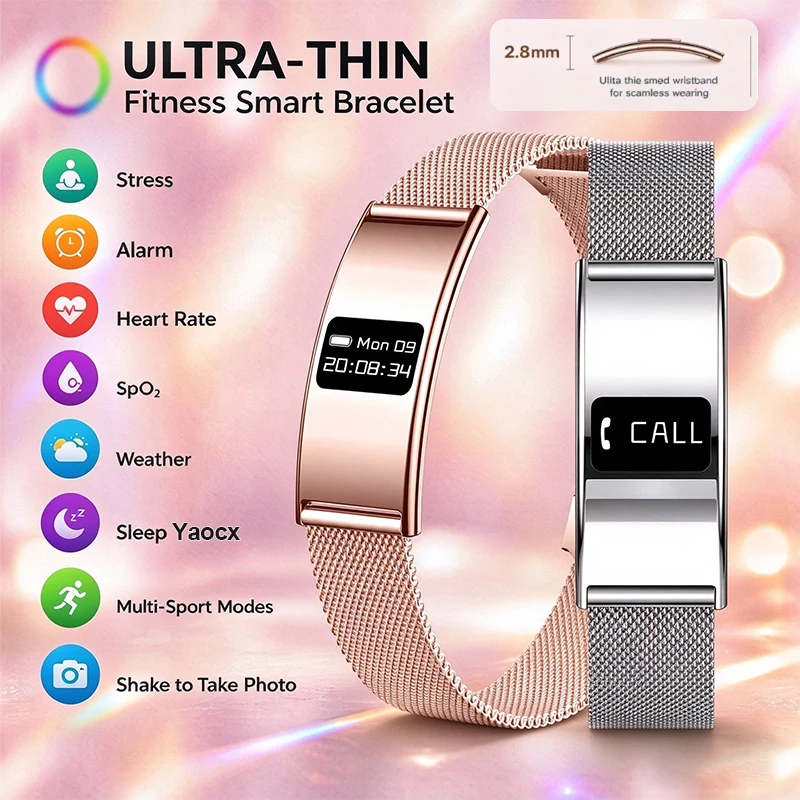 Smart Bracelet Stylish Wristband Data Sync APP Heart Rate Oxygen HRV Period Reminder Shake Photo Steps Sleep Smart Bracelet
