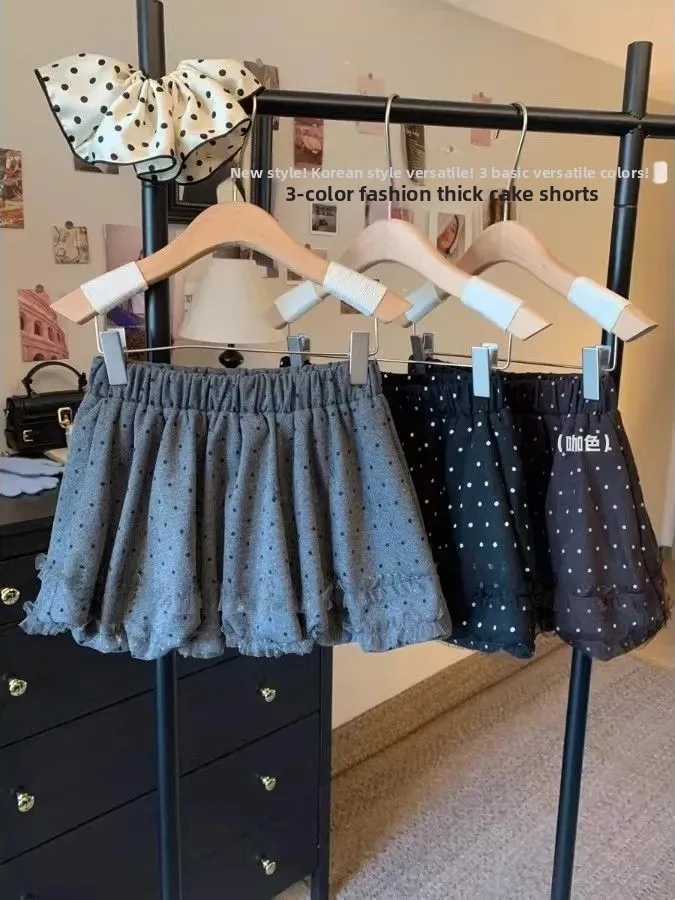 Black Polka Dot A-Line  Skirt Women's Summer Design High Waist Slimming Versatile Flared Skirt Pants with Inner 